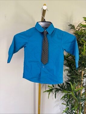 Andrew Fezza Boys Teal Dress Shirt with Gray Striped Tie